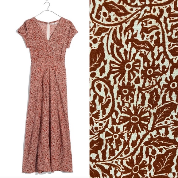 Madewell Woodblock Floral V-Neck Front Slits Maxi Dress Brown Cream Size 2 - Picture 1 of 16